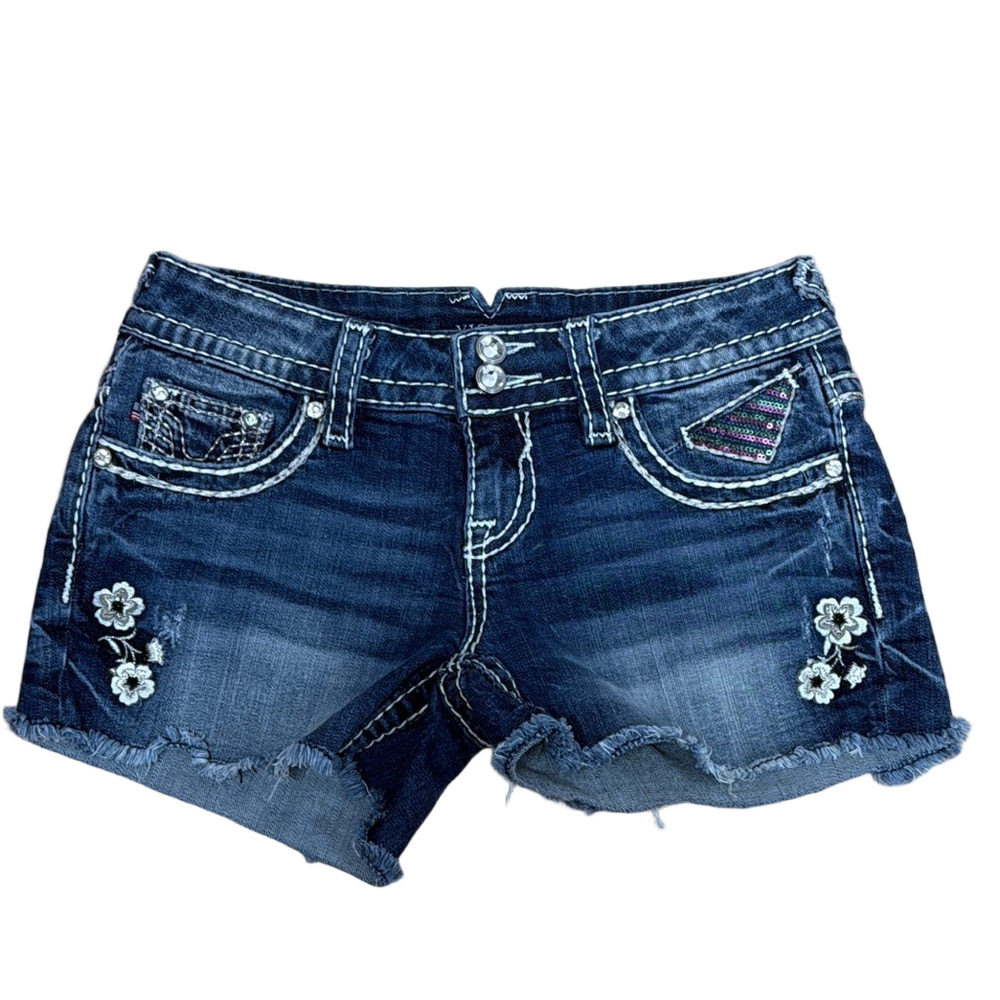 Vigoss The Chelsea Embroidered Distressed Jean Shorts Blue Size 1/2
